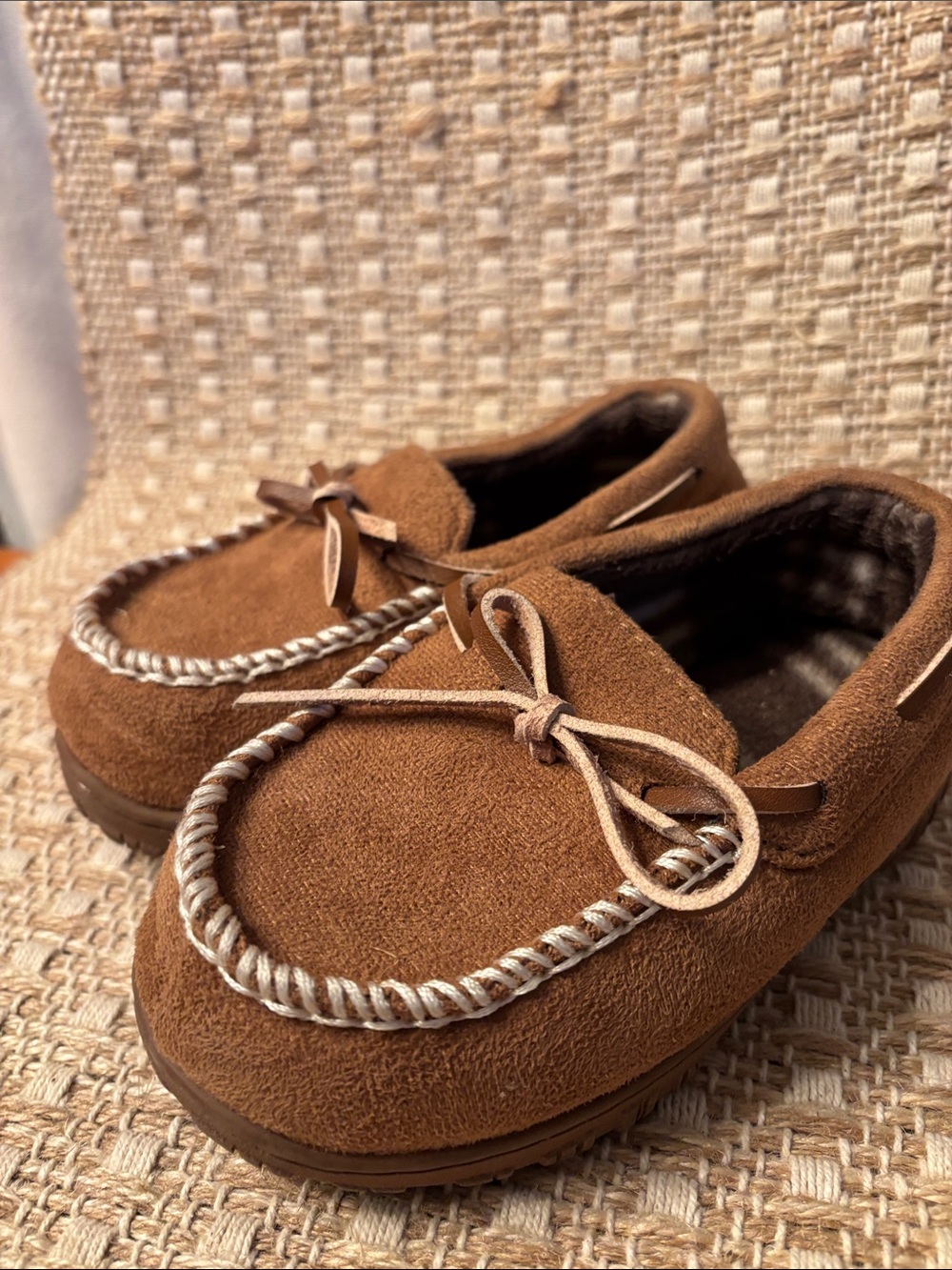 Kids Brown Suede Moccasin Slippers - Cozy Slip-On Shoes